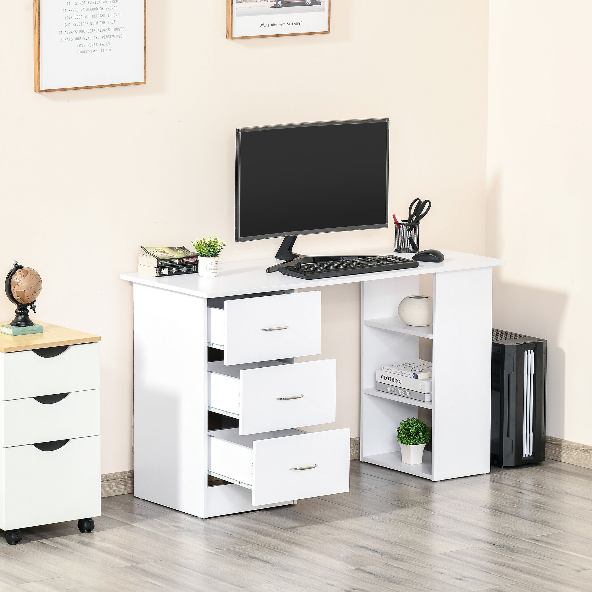 Altro Scrivania Porta Pc Con 3 Cassetti E 3 Ripiani, Scrivania Per Camera E Ufficio In Legno 120x49x72cm Bianco