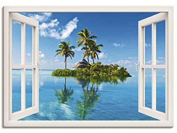 ARTLAND Wanddeko Leinwand Bilder Wandbild Fensterblick Fenster Meer Insel Palmen Karibik Urlaub T5MZ