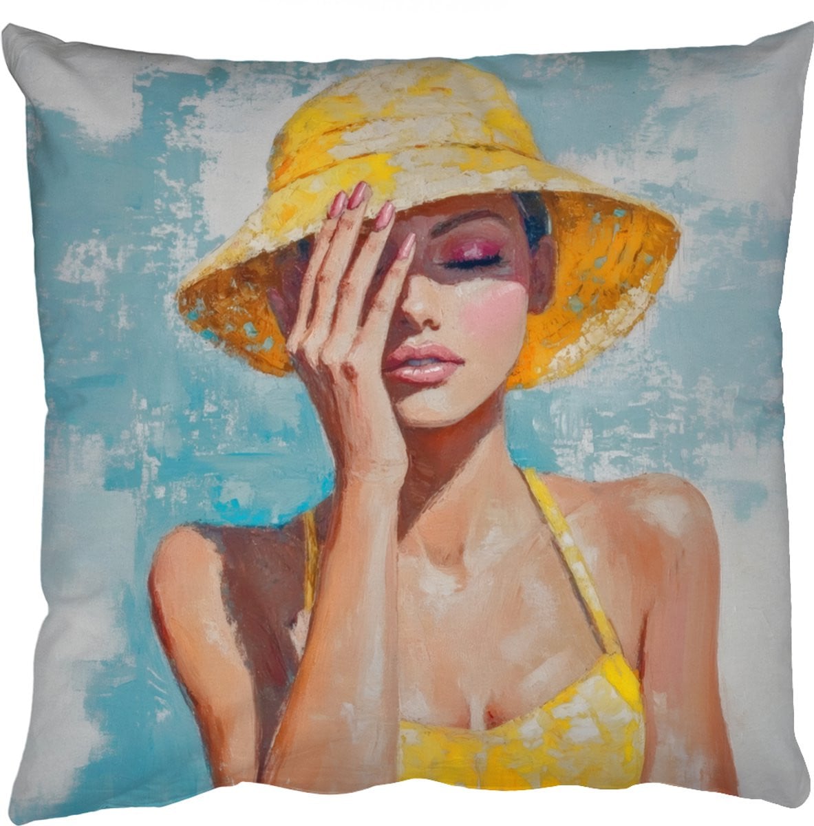 Sierkussen met afbeelding van vrouw met hoed in geel - 50 x 50 cm