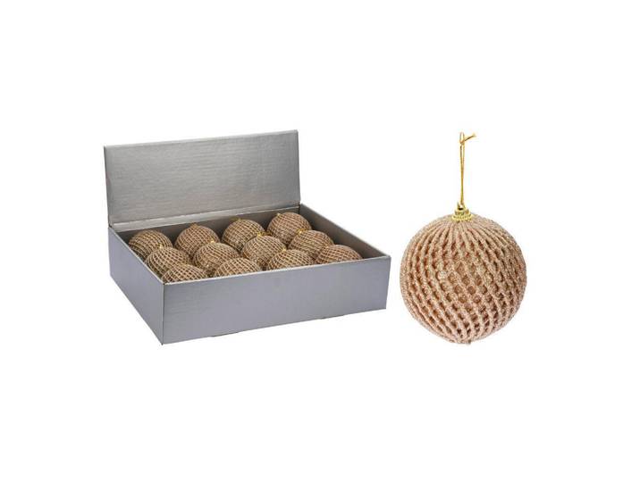 Laalu Weihnachtskugeln 12er-Set mit Netzdekor Champagner, 10 cm, Kunststoff, Rund, 40x15x55 cm, Dekoration, Weihnachtsdekoration, Christbaumschmuck