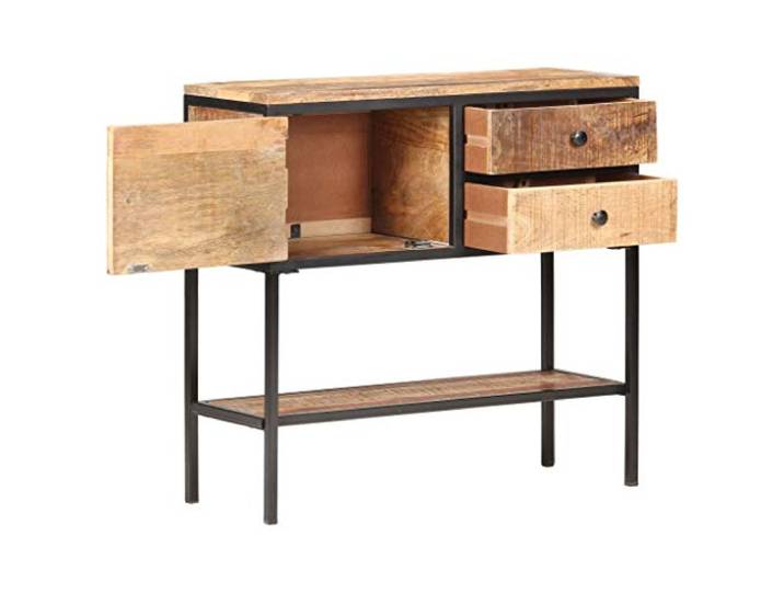 GKMBCVDFR Sideboard 85x30x80 cm Raues Mangoholz Industrieller Look, Schwarzer Eisenrahmen, 1 Tür, 2 Schubladen, Untere Ablage