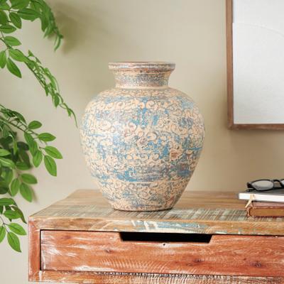 ARCILLA ELEMENTAL Beige Ceramic Handmade Antique Style Wide Rounded Scroll Decorative Vase with Blue and Copper Accents