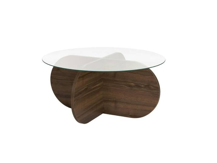 Table basse ronde en verre décor noyer