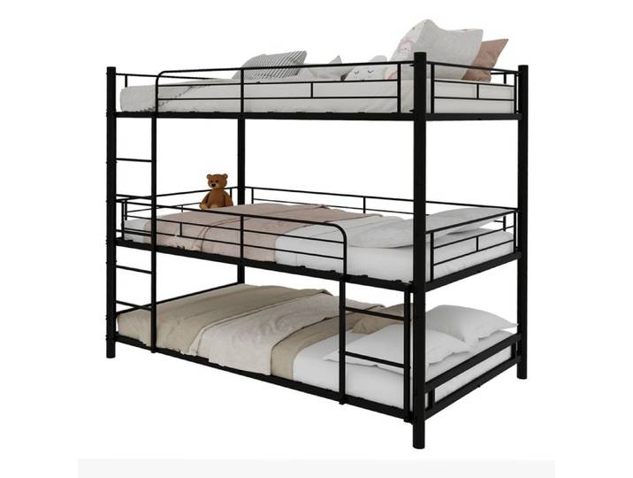 Lit Superposé Triple Noir en Métal 90 x 190 cm - Cadre de Lit 3 Étages avec Barrières et Échelles pour Enfants Ados & Dortoir