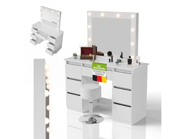 Juskys Schminktisch Talea mit LED-Spiegel und Hocker Tonia, 7 Schubladen, individuelle Lichteinstellung, viel Stauraum, modernes Design, kompakt & pflegeleicht — Weiß