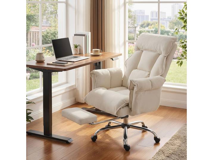 HOMCOM Fauteuil Bureau Pivotant Flanelle Blanc Réglable Repose-pieds