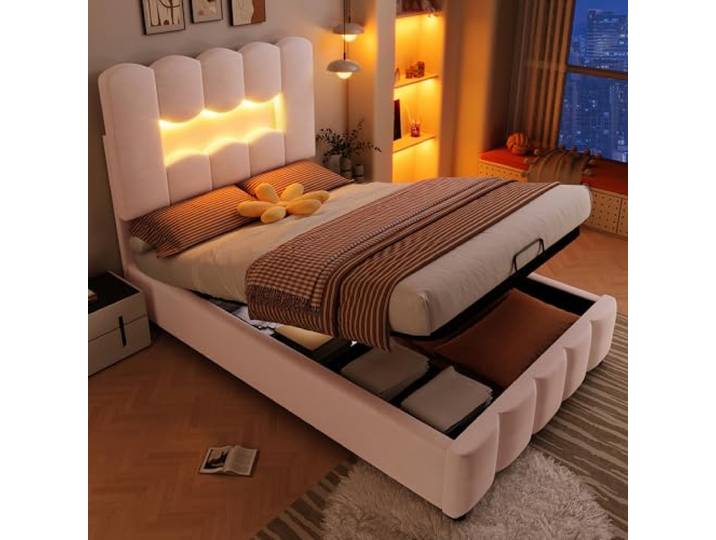 FammyLoft Polsterbett 90x200cm mit Hydraulischer Stauraum, Samt Jugendbett mit Verstellbares Kopfteil, Stauraumbett mit LED-Beleuchtung, Einzelbett Rosa (Ohne Matratze)