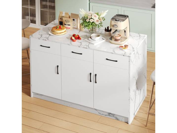 Grand îlot central de cuisine 120 cm - Plan de travail marbre organisation optimale (3 tiroirs/3 portes) aménagement bar intégré