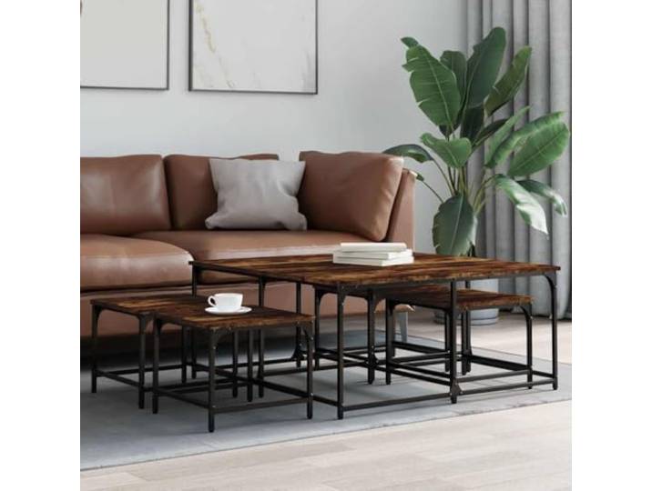 HEFZGDB 5-teiliges Satztisch-Set aus Holzwerkstoff in Räuchereiche für kleine Wohnungen mit industriellem Design, langlebig und feuchtigkeitsbeständig, vielseitig als Couchtisch