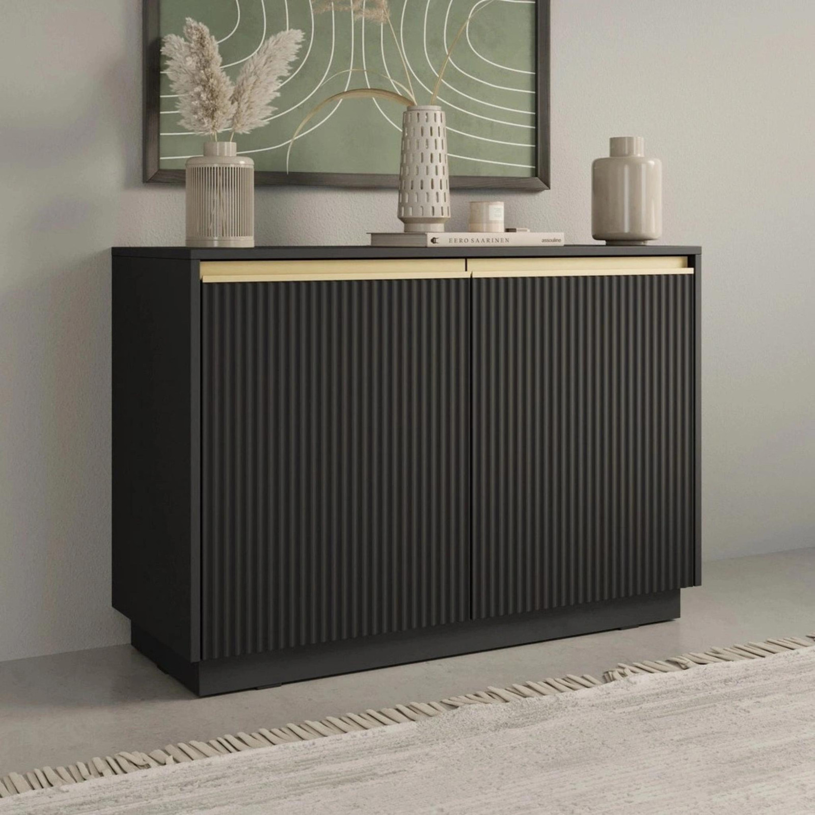 Ravio Kommode Loren, Breedte: 104 cm, Zwart met geribbelde fronten en gouden accenten