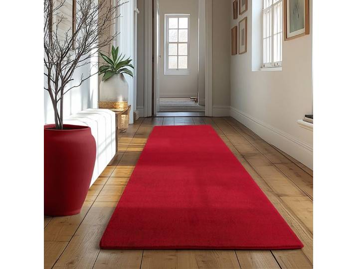 Tapis SIMPEX Runner 80x250 cm Poils Courts Lavable Antidérapant et Doux Design Moderne pour Chambre Rouge