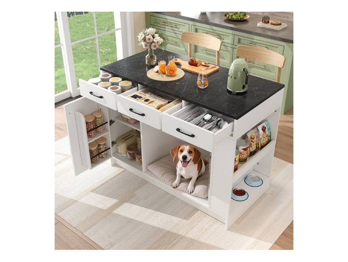 KEFEYA Kücheninsel mit 40 kg Haustier-Ruhebereich, (3 Schubladen & 3-fach verstellbarem Regal, Küchenwagen für Küche & Esszimmer, ideal für Hunde- und Katzenhalter)