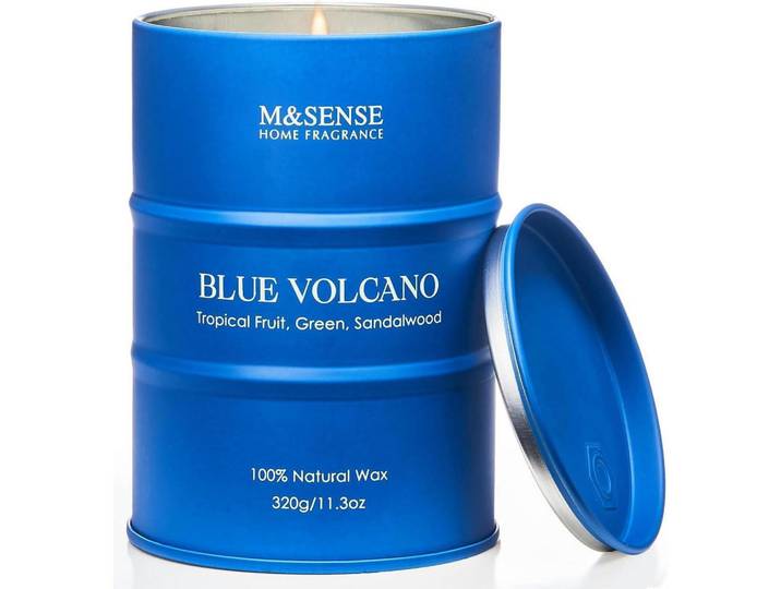 Duftkerze Blue Volcano Tropische Früchte 320g 70 Stunden Brenndauer, Blau, Paraffin, 10.5 cm, Dekoration, Kerzen & Kerzenhalter, Duftkerzen