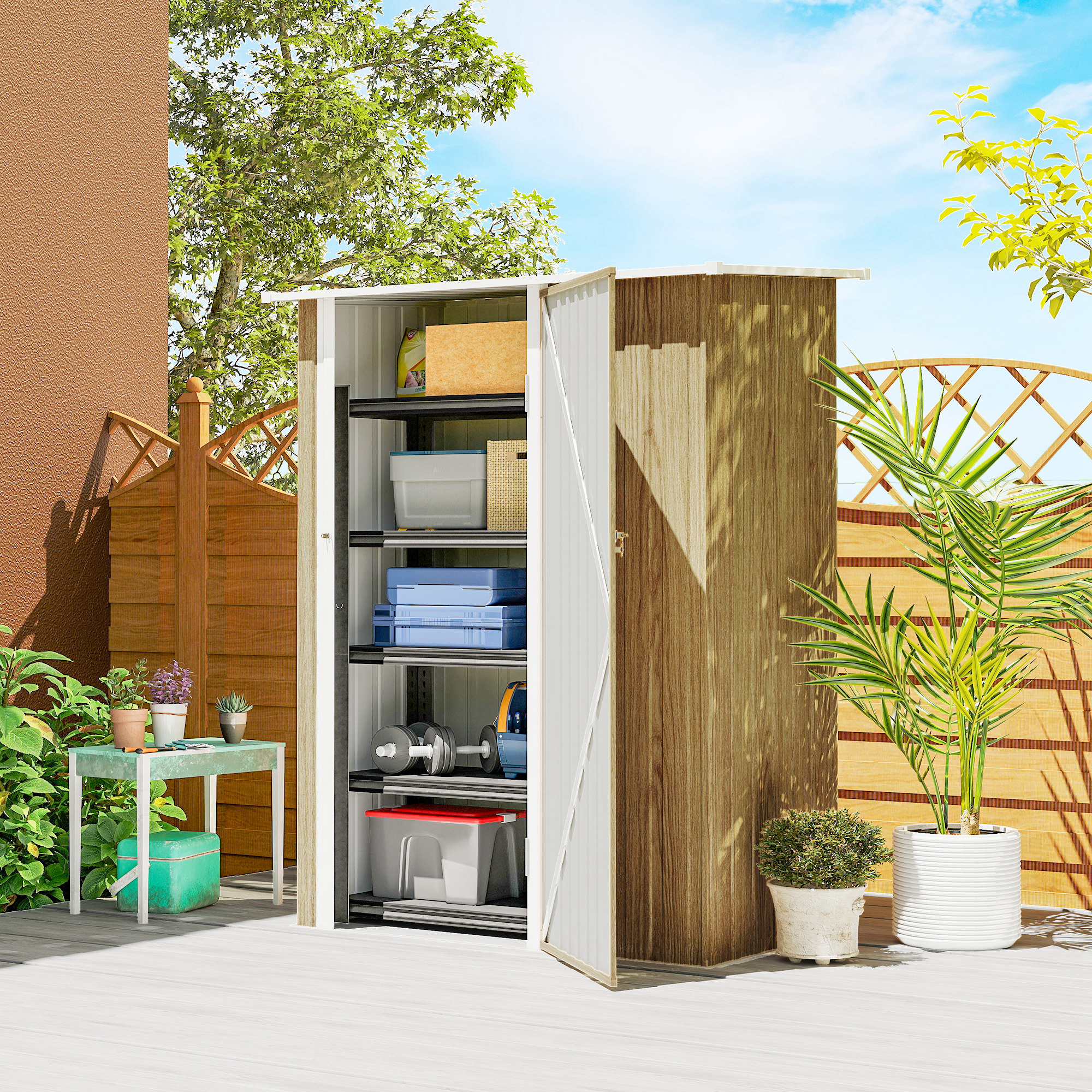 Outsunny Capanno Porta Attrezzi in Metallo con Tetto Inclinato e Porta Bloccabile, 142x86x189 cm, color Legno   Aosom Italy