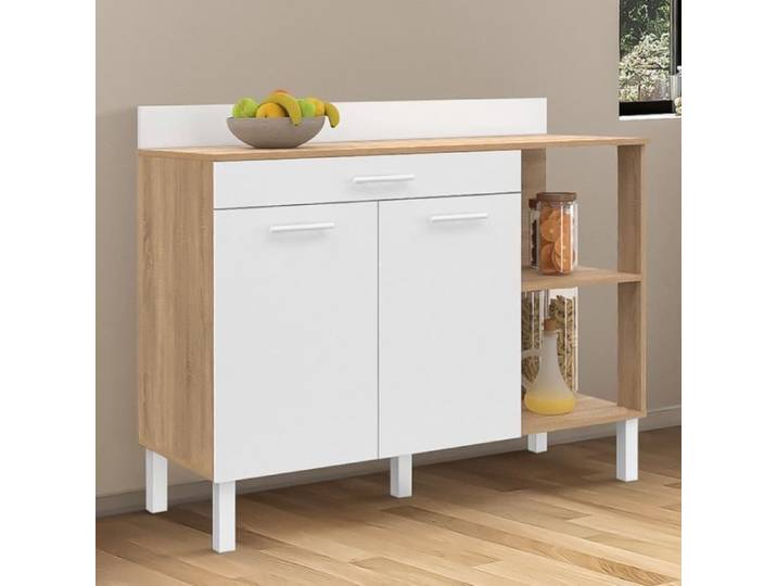 IDMARKET Buffet bas de cuisine 120 cm CINA plan de travail H.83 cm 2 portes + tiroir façon hêtre et blanc