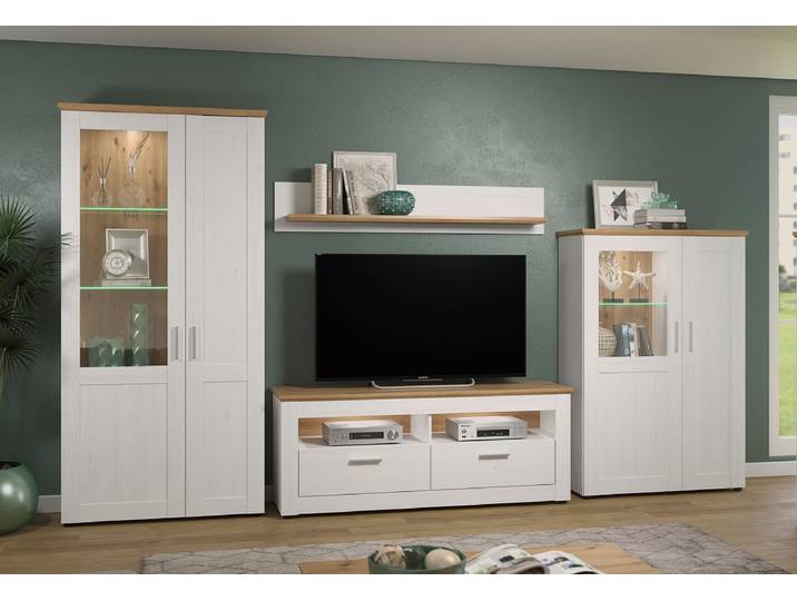 Wohnwand Anbauwand Shade , Andersen Pinie weiß / Artisan Eiche , Landhausstil , 4-teilig , LED Beleuchtung