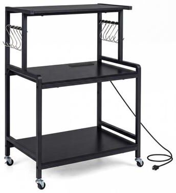 Costway 3-Tier Rolling Microwave Cart with Power Outlet and Lockable Wheels and 10 Hooks-Black