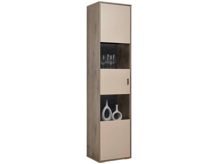 Hom`in Vitrine, Eiche, Hellgrau, Glas, 6 Fächer, 49x206x37 cm, Beimöbel erhältlich, Wohnzimmer, Wohnwände, Vitrinenschränke