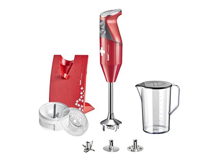bamix Stabmixer Set M200 SWISSLINE inkl. Multifunktionsmesser, Quirl, Schlagscheibe, Prozessor, Becher, Halterung, 200 Watt, 2-Stufen, Edelstahl, Made in Switzerland - Rot