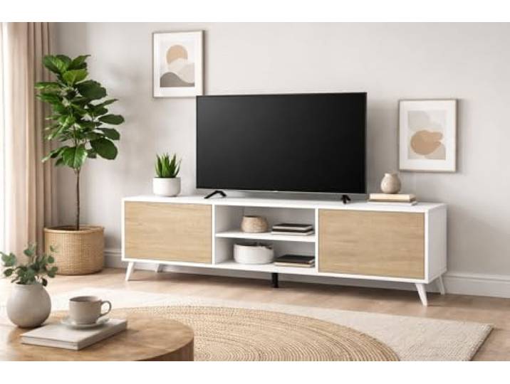 Homezzi TV-Schrank, Lowboard, Fernsehschrank, mit 2 Türen und 2 offenen Fächern. Maße: 180 x 49 x 39,6 cm (Breite x Höhe x Tiefe). Oberfläche in Matte weiß und Sand-Finishs.