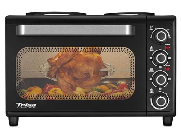 Trisa Mini Backofen 30L mit 2 Kochplatten & Drehspieß, Tischbackofen, 230°C