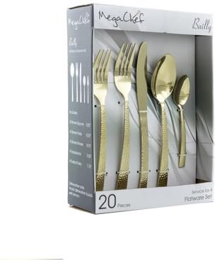 MegaChef Daisy 20 Piece Hammered Design Stainless Steel Silverware Set in Gold