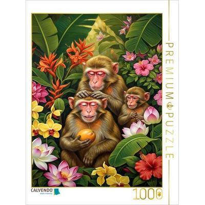 CALVENDO Puzzle Rhesusaffen zwischen Blüten | 1000 Teile Lege-Größe 64x48cm Foto-Puzzle für glückliche Stunden