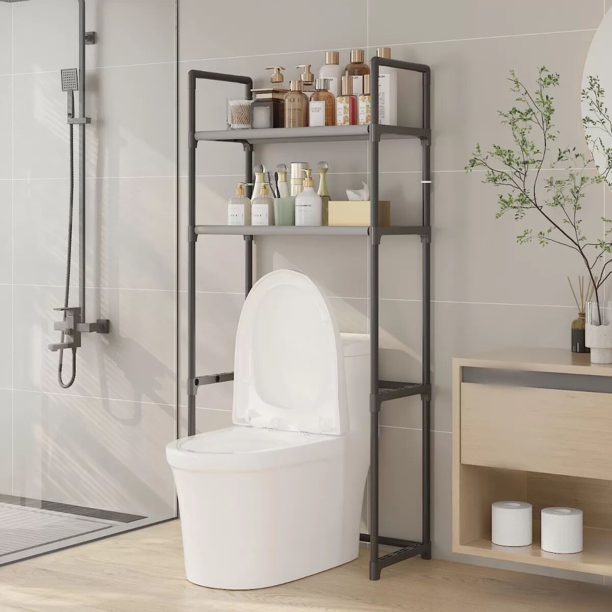 INF Schwarzes Doppel-Etagen-WC-Regal - Platzsparende Bad-Aufbewahrung