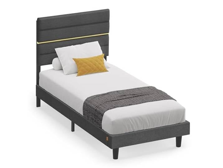 VASAGLE Polsterbett, Bettgestell, 90 x 200 cm Bettgestell, verstellbares gepolstertes Kopfteil, Metall, modern, schiefergrau, KACY Kollektion RMB502GN01