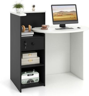 Costway Reception Office Desk with Open Shelf and Lockable Drawer-Black