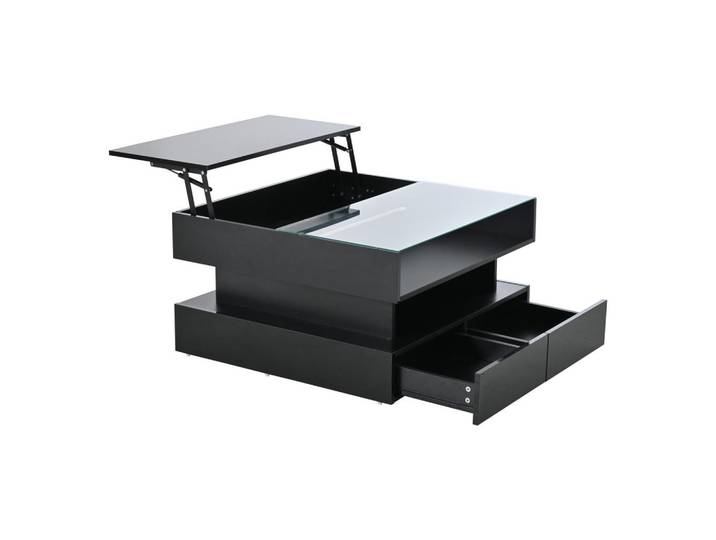 Flieks Couchtisch LED Schwarz höhenverstellbar 2 Schubladen 80x80x45cm, 80x45x80 cm, Wohnzimmer, Wohnzimmertische, Couchtische