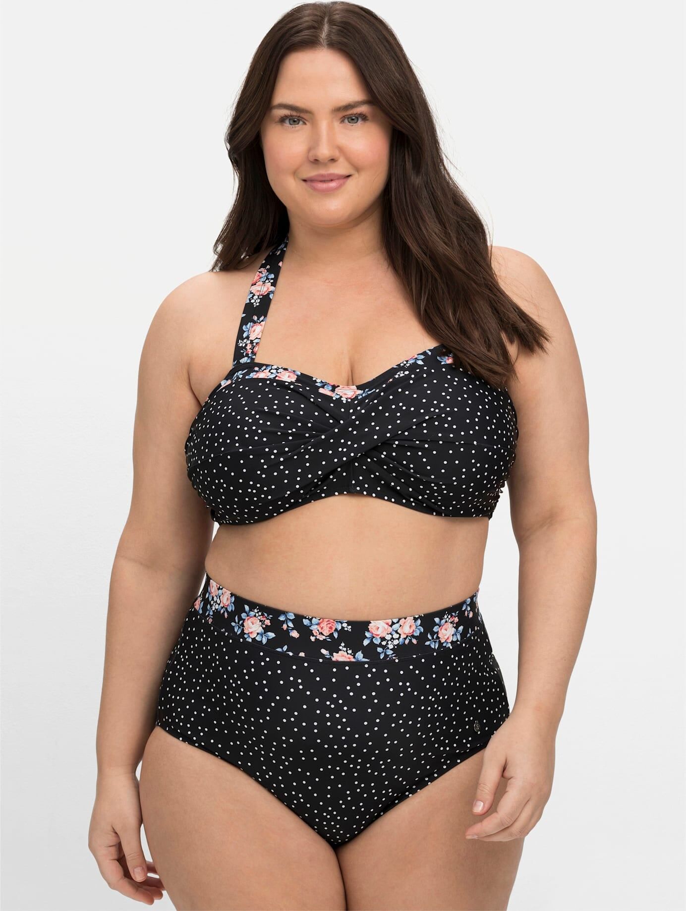 Bikini-Hose SHEEGO, Damen, Gr. 52, Normalgrössen, schwarz (schwarz gepunktet), Elasthan, Polyamid, Badehosen Bikini-Hose schwarz gepunktet 52, Normalgrössen