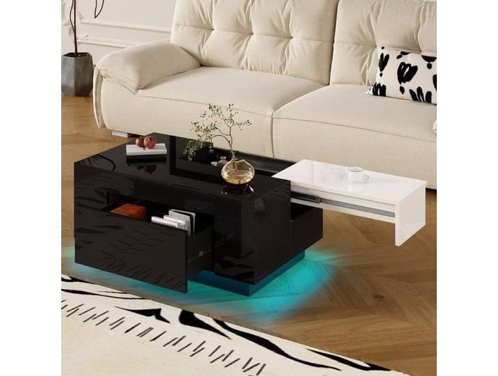 Table Basse Moderne - Table Basse LED Laquée Haut Brillant - 80x50x35 5 cm - Noir et Blanc
