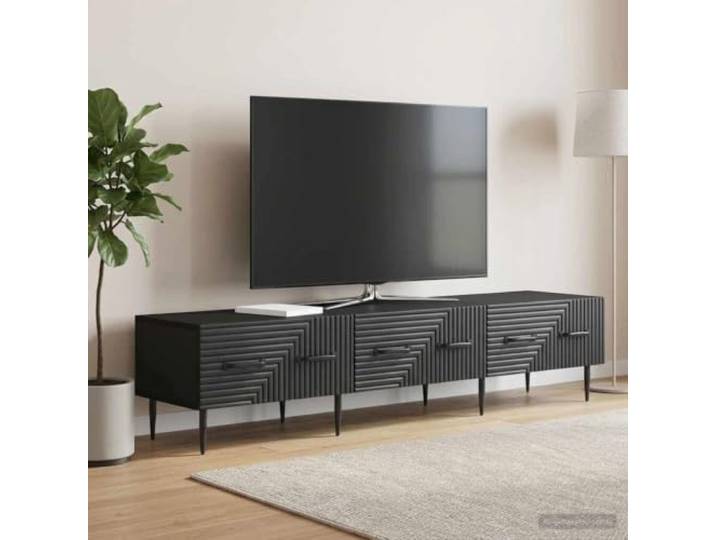 GKMBCVDFR TV-Schrank Schwarz 147x34,5x30 cm Holzwerkstoff mit 2 Schubladen Vintage-Design, konische Beine, schwarze Griffe, flaches Profil, pflegeleichte Oberfläche, vielseitig einsetzbar