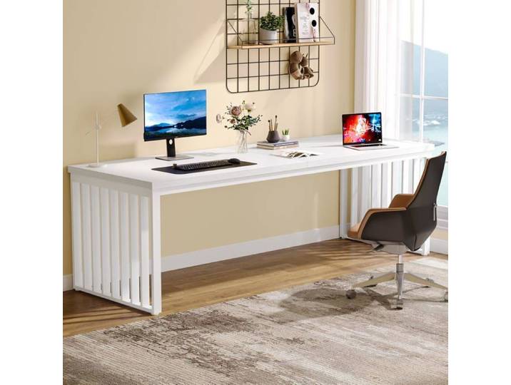 Finmind Bureau d'ordinateur - 180 x 60 x 76 cm - Bureau Double Longue - avec Châssis Métallique Robuste - Blanc