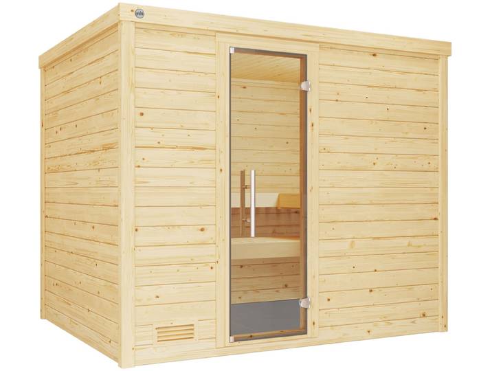 Sauna WEKA Massivholzsauna BERGEN 3 , beige (natur), Saunaofen, integrierte Steuerung, 9 kW, Saunen, Sauna, Blockbohlen, moderne Ganzglastür