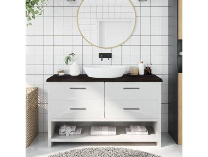 Waschtischplatte Dunkelbraun 140x50x(2-4)cm Massivholz Eiche Klappbar Handgefertigt mit Naturkante, dunkel lackiert, sofort einsatzbereit, vielseitig als Regal oder Tischplatte nutzbar