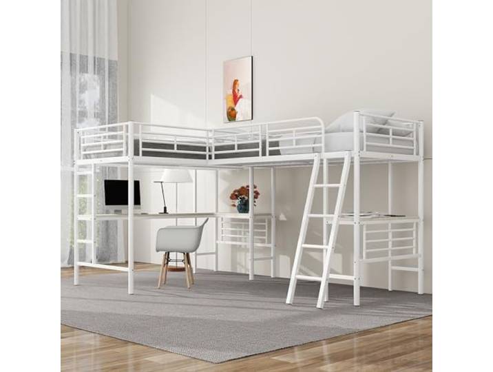 Moimhear 90 * 200cm Hochbett, Zwei Etagenbetten, Tisch unter dem Bett, Doppeltreppe, hohes Geländer,(Weiß)