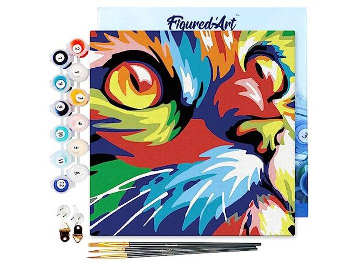 Figured'Art Mini Schilderen op Nummer Volwassenen 20x20cm met lijst Katachtige Pop Art - Klein Formaat Creatieve Hobby Kit DIY Art Nummer Compleet