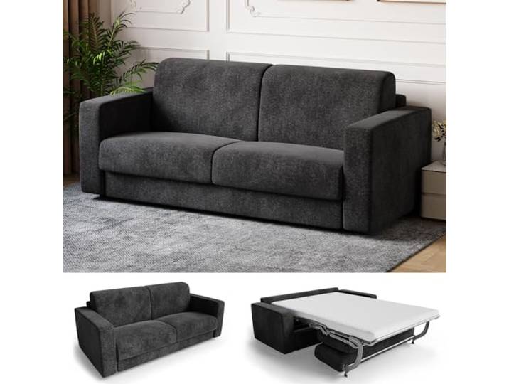 JUMMICO Schlafsofa mit Matratze 2 Sitzer Sofa mit schlaffunktion,Schwarz 160 cm Breite,10 cm Matratze Ausziehbares Schlafcouch Chenille Couch Klappsofa für Wohnung und Wohnzimmer
