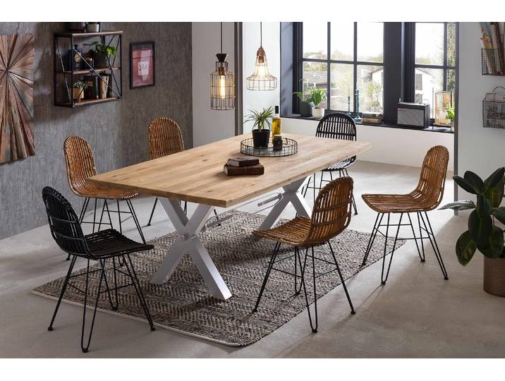 Esstisch SIT Gent Wildeiche Massivholz mit X-Gestell aus Metall, Industrial , braun (natur, antiksilber, antiksilber, natur), B:200cm H:76cm T:100cm, Platte Wildeiche geölt, Gestell Metall, Tische, Esstisch, Robustes X-Gestell aus Metall für hohe Stabilität