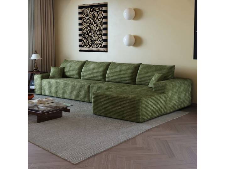 HOMVRA Canapé modulable d'angle 340 cm en L avec méridienne tissu côtelé vert sans montage