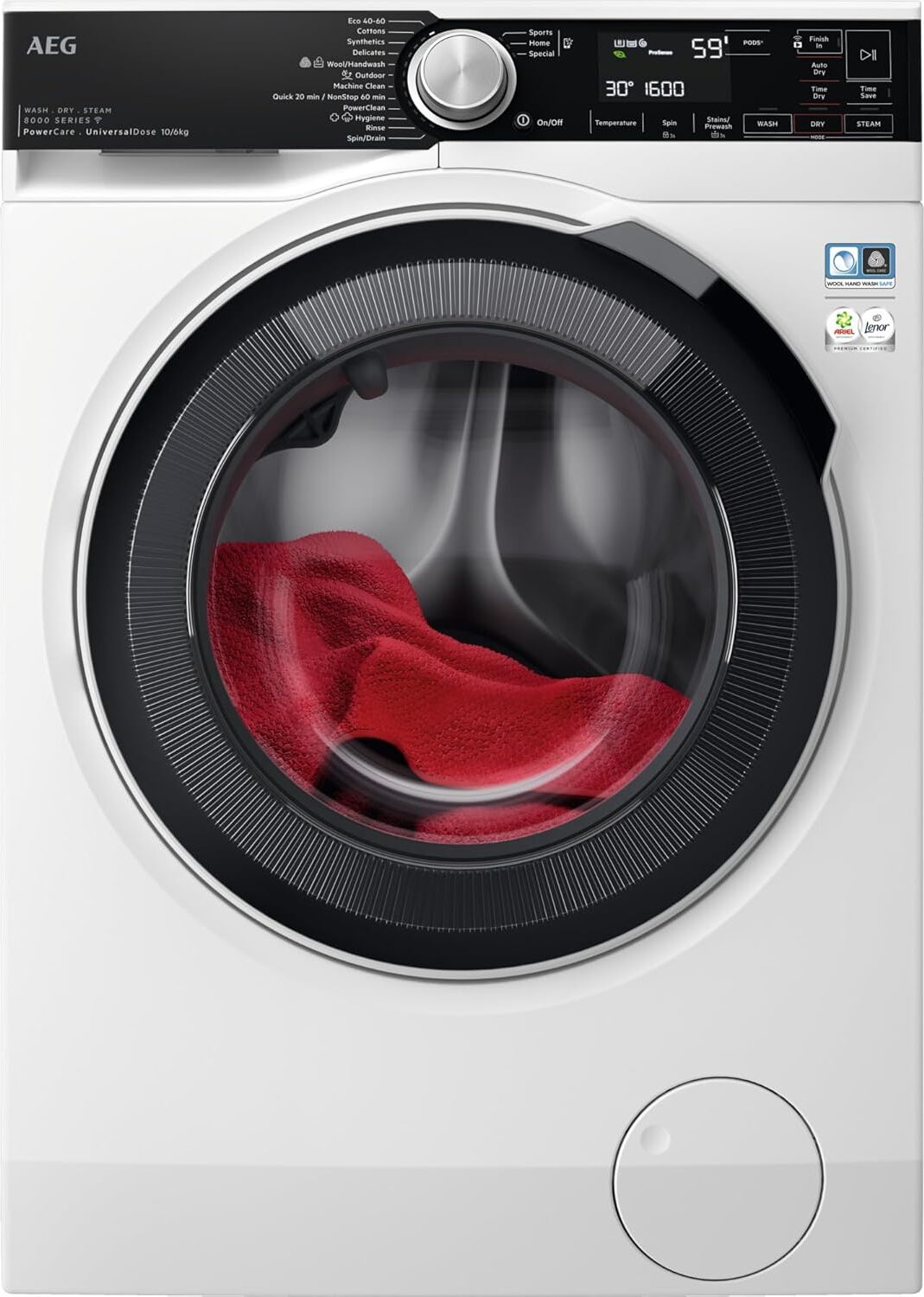 AEG LWR8E80610, Frontlader, Freistehend, Weiß, Links, Drehregler, Berührung, LED