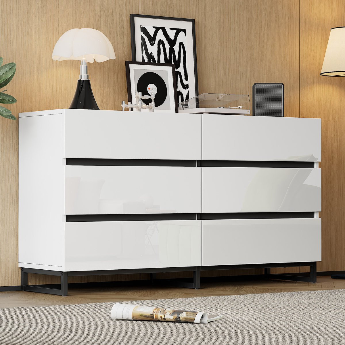 Modern wit sideboard met 6 lades en geïntegreerde LED-verlichting B/D/H: 140 x 39,5 x 78,5 cm