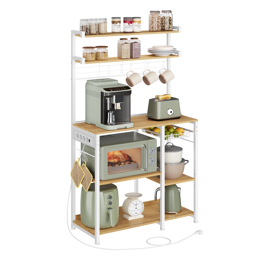 VASAGLE Standregal mit Steckdosen und Korb goldeichenfarben-wolkenweiß B34KKS031Y19