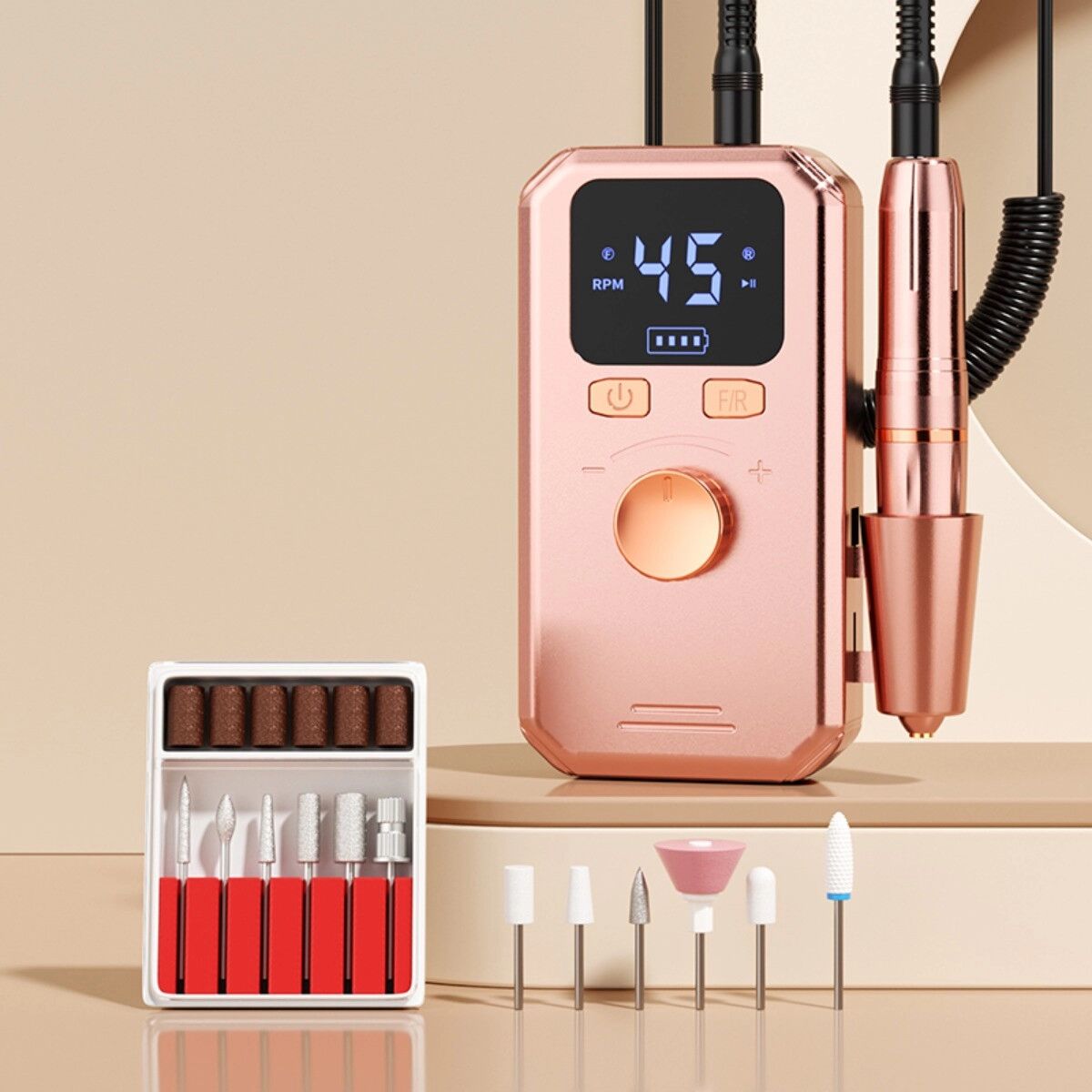 INF Elektrische Nagelfräse mit drei Leuchten, 45 stufenlosen Geschwindigkeitsstufen, Type-C-Laden und Gel-Lack-Entfernung Roségold