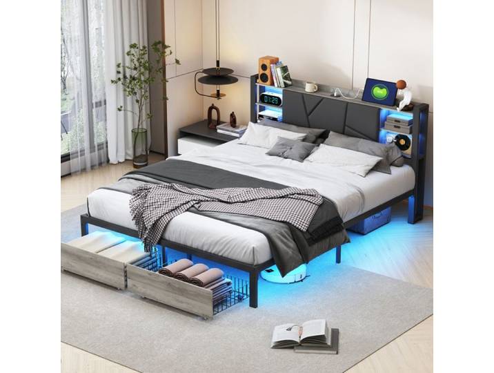 Lit 140x200 cm Lit coffre Lit double 140x200 cm avec 2 tiroirs Ports USB & Type-C LED Lit adulte 140x200 cm avec sommier PU gris