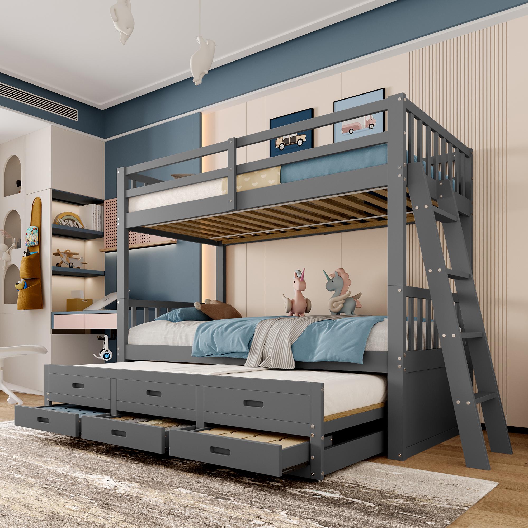 Kinder-Etagenbett 90x200cm grau (Kiefer + MDF): Hüttenstil (Mädchen/Jungen), Leiter + Ausziehbett, 3 Schubladen, Matratze nicht enthalten