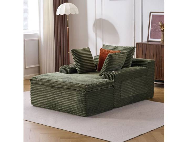 WOVREO Canapé de sol compressé méridienne sans montage velours côtelé vert 3 coussins porte-gobelets