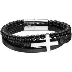 Lederarmband BRUNO BANANI "Schmuck", schwarz (edelstahlfarben, schwarz, schwarz), Armbänder, Damen, 21cm, Edelstahl Leder, Edelstahl, Leder, Lederarmband, mit Achat